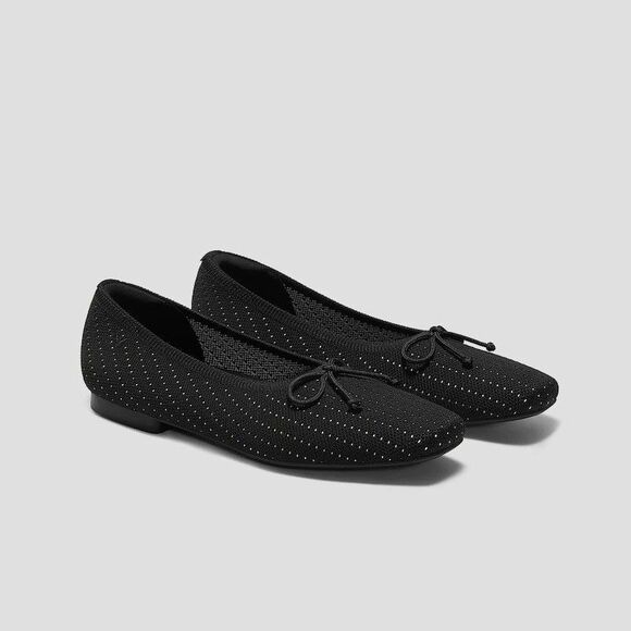 VIVAIA Shoes 42 Margaret Square Toe Bow Ballerina Flats Black Slip On Minimalist - Picture 3 of 7